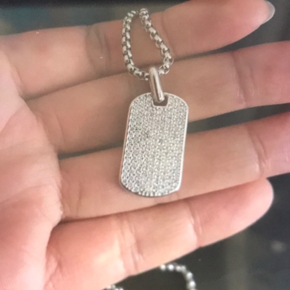 Silver Dog Tag Pendant Necklace/ and Diamond - Picture 1 of 5